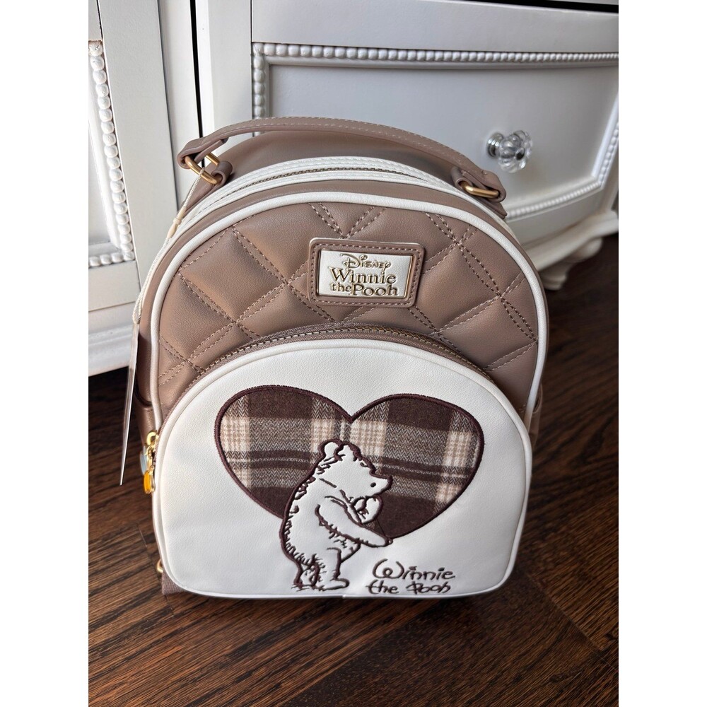 Disney Winnie the Pooh Beige Brown Plaid Backpack Bag Brand New